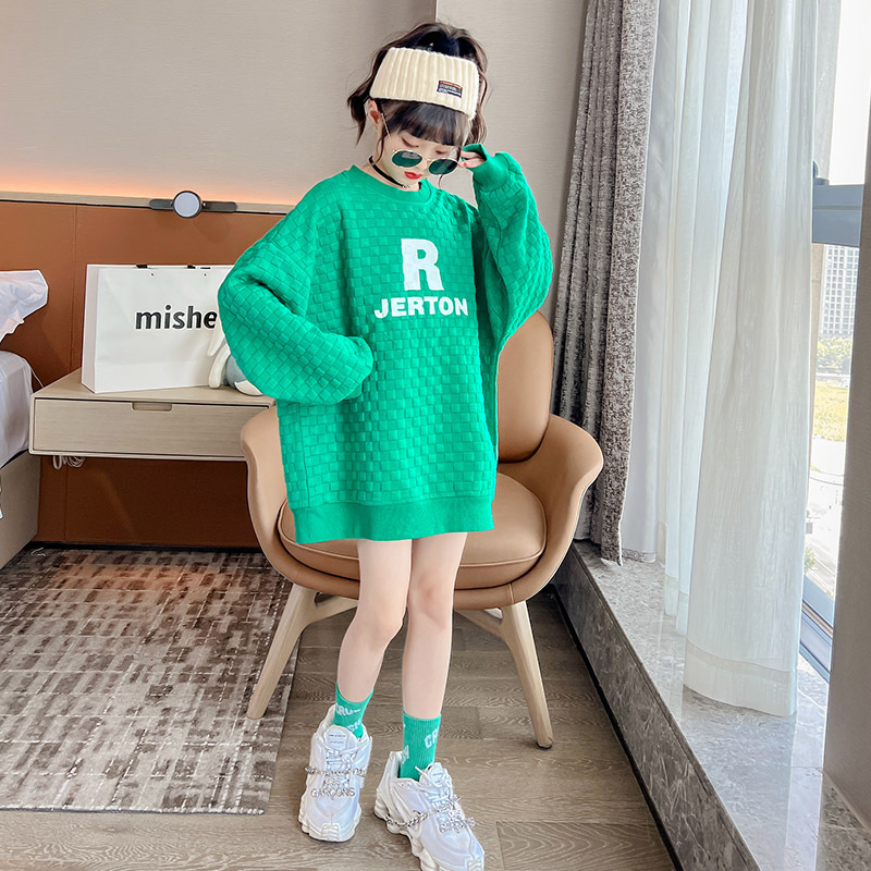 Girls' Korean-style top, children's waffle checkered hoodie 2022 autumn collection, letter round neck pullover, children's base layer details Picture