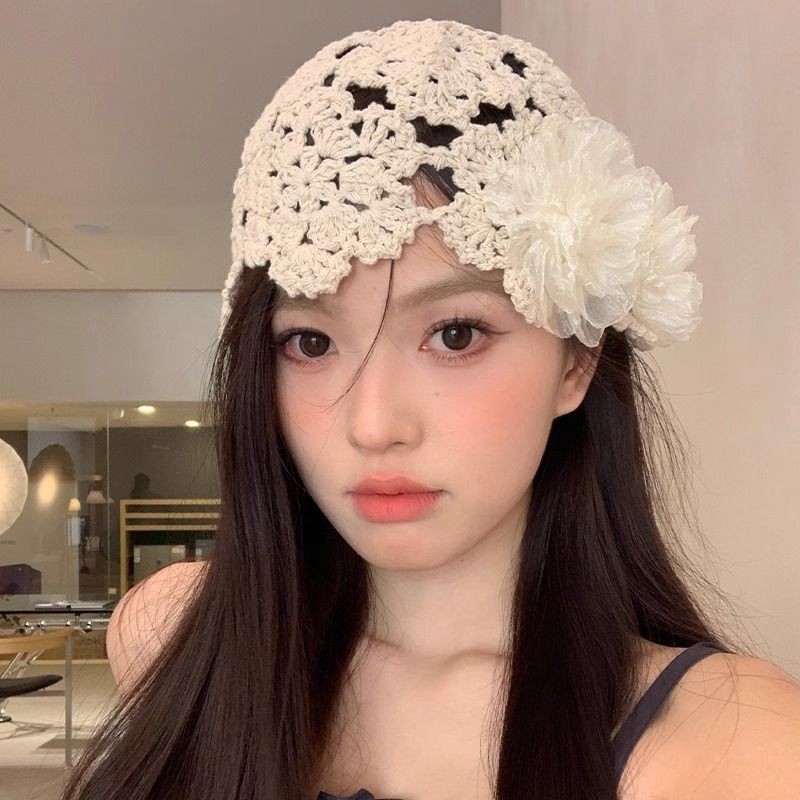 Summer thin Korean-style hollowed-out pearl flower hand-knitted headpiece hat for women, sweet, cute, fashionable and niche hat details Picture