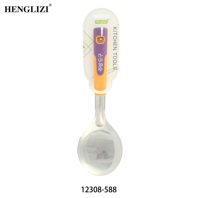 Cross-border household stainless steel spatula soup spoon Frying spatula slotted spoon Non-stick pan non-slip two-color Korean handle kitchen utensils Application Scenario