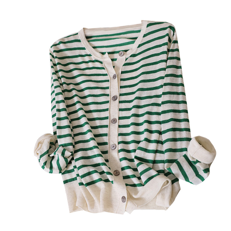 Zhihe's same style round-neck contrasting color wool striped knitted cardigan for women, long-sleeved spring and autumn top, base layer, versatile coat Item Picture
