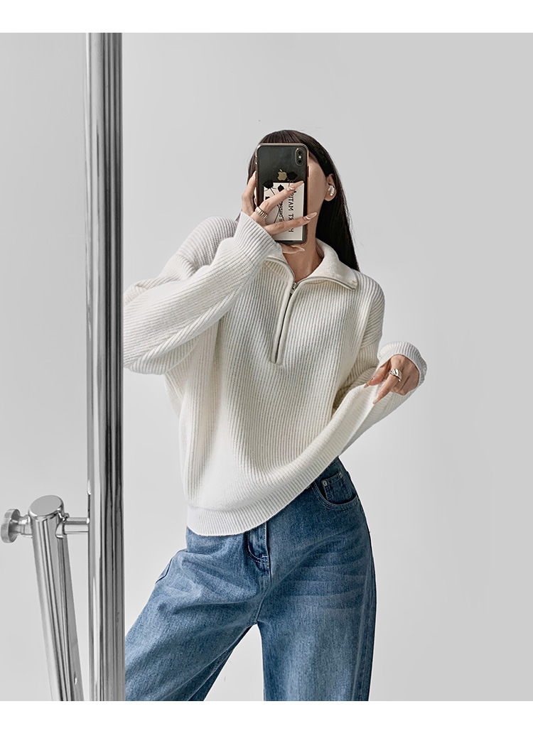 欧美秋冬新款半拉链毛衣女套头高级感宽松慵懒风纯色针织翻领上衣详情16
