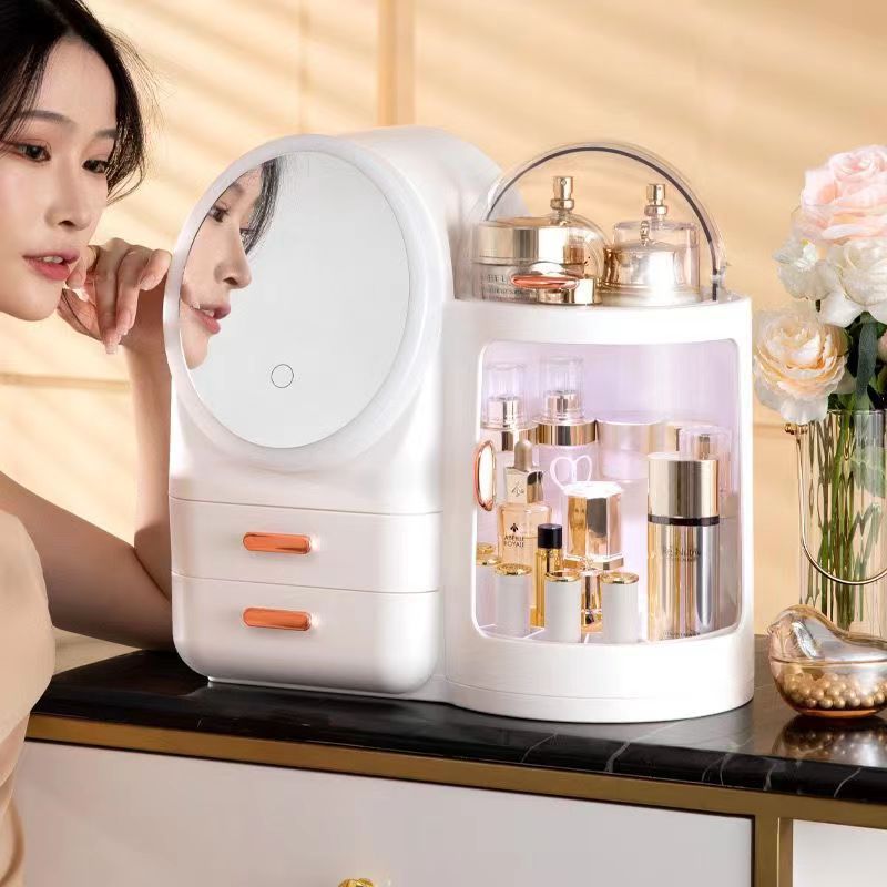 新款化妆品收纳盒梳妆台带灯镜子一体旋转高级感桌面护肤品置物架产品图
