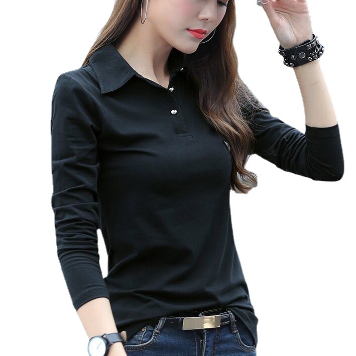 Cross-border 2022 Women's Spring New Korean-style slimming and slim lapel long-sleeved T-shirt for women, fashionable cotton base layer Item Picture
