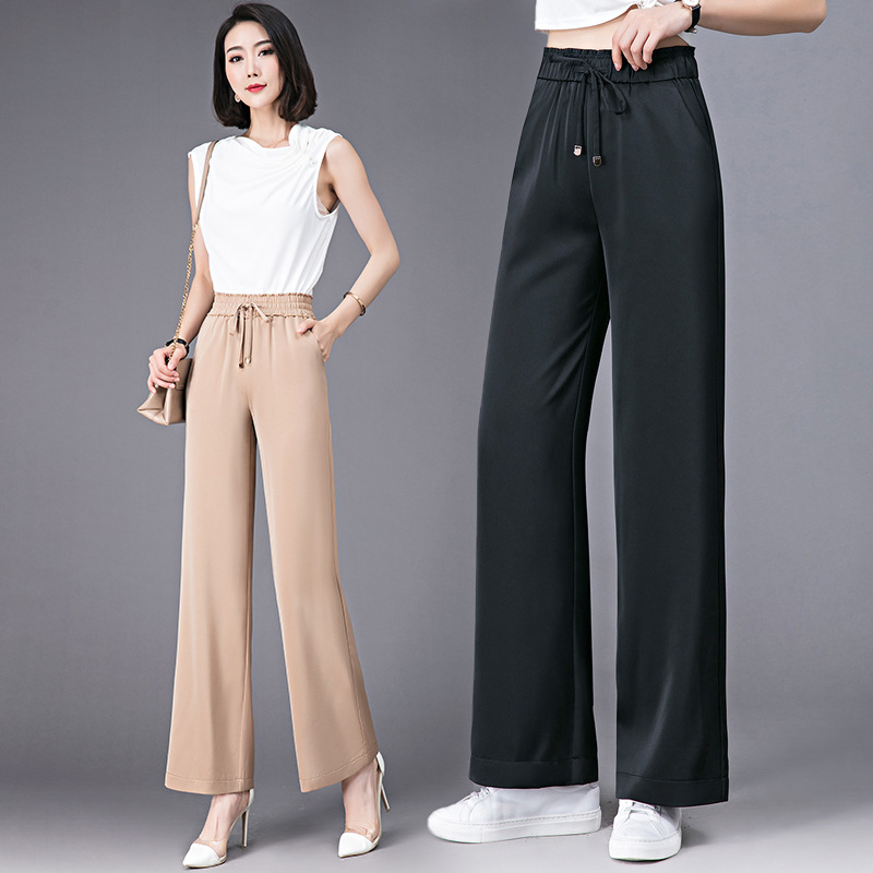 Light luxury high-quality long pants, summer ice silk smooth narrow wide-leg pants, women's casual thin and fashionable straight-leg pants details Picture