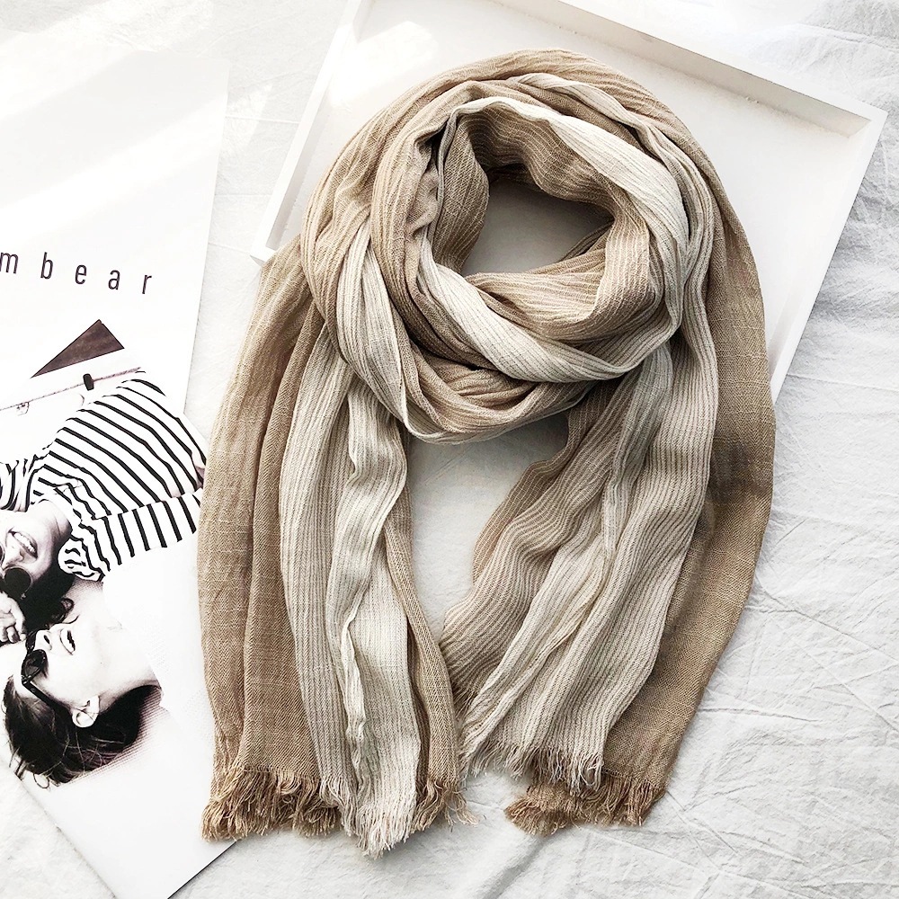 Cross-border shawl, striped cotton and linen scarf, new Spring and autumn style, artistic men's natural wrinkled silk scarf, women's support small order customization details Picture