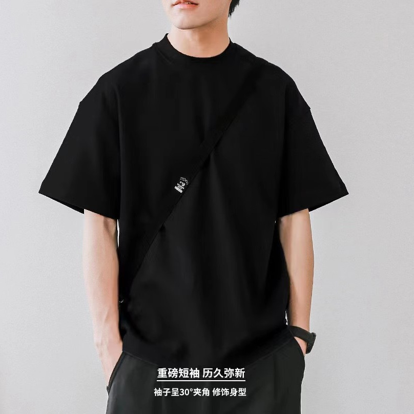 350G American-style heavy pure cotton T-shirt, small collar, short sleeve, semi-high collar base, men's loose small round neck, white half-sleeve Specification image