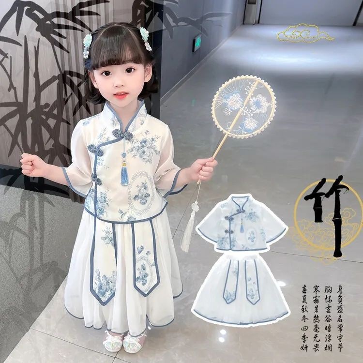 National Trend - Girls' Ancient-style Hanfu Set, Summer Chinese style Little Girls' ancient-style children's blue and White Porcelain Tang Suit Performance costume, flowers Application Scenario
