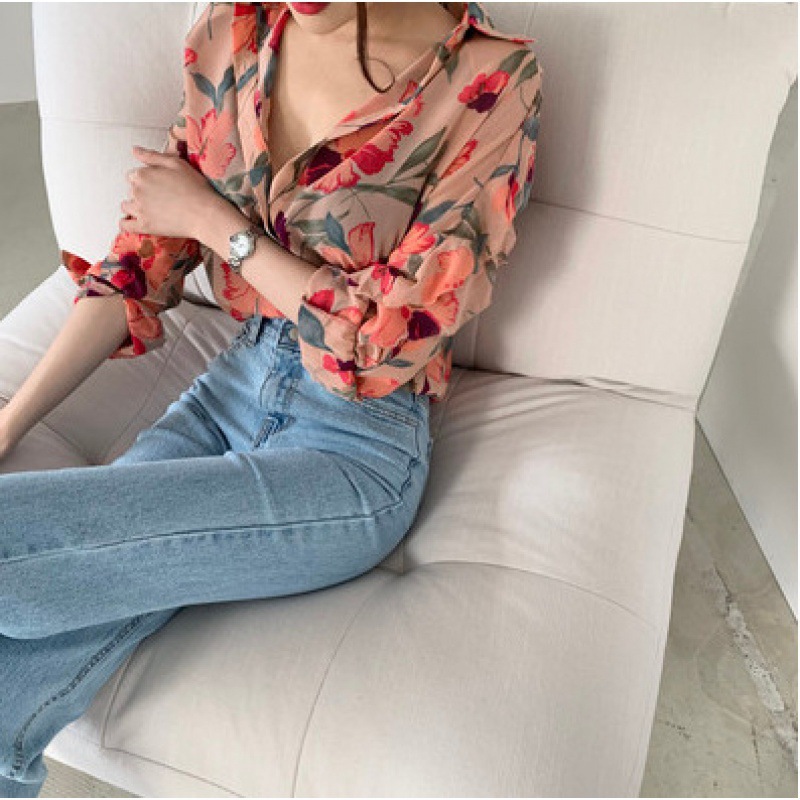 "In-stock floral chiffon women's 2021 Spring/Summer slim, slim, simple and stylish long-sleeved design with a sense of style. Specification image