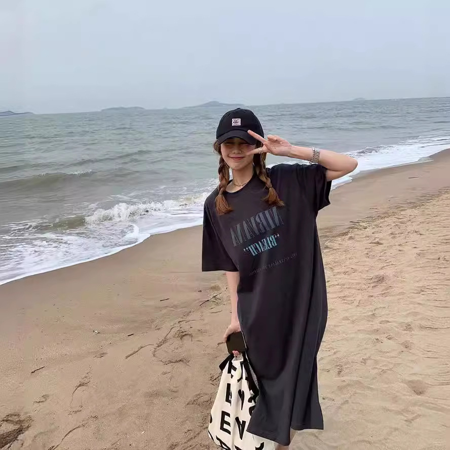 Summer new short-sleeved loose and baggy printed slit mid-length dress T-shirt casual and fashionable dress Specification image
