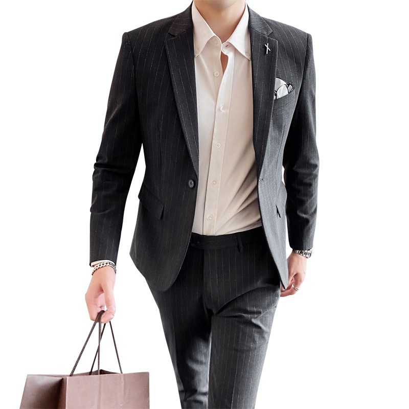 Three-piece wedding set: Striped suit for men, Korean-style slim-fit casual suit set, groom's dress, business professional formal wear Item Picture