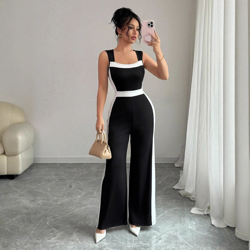 Cross-border European and American women's clothing 2025 Women's Spring and Summer vacation style European and American style two-color sleeveless wide-leg jumpsuit Item Picture