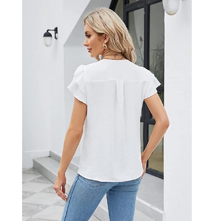 Cross-Border Europe And The United States Women's 2023 Summer New Amazon Women's V-Neck Chiffon Ruffled Shirt Short-Sleeved Top Application Scenario