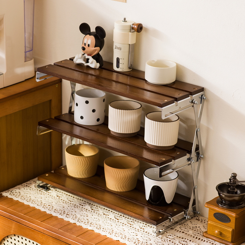 Solid wood desktop storage rack, multi-layer non-installation foldable computer desktop coffee cup storage rack details Picture