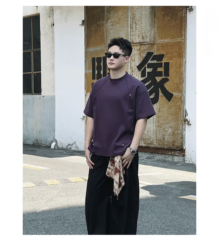 夏季男士新款华棉铆钉短袖T恤青少年宽松休闲百搭半截袖上衣详情11