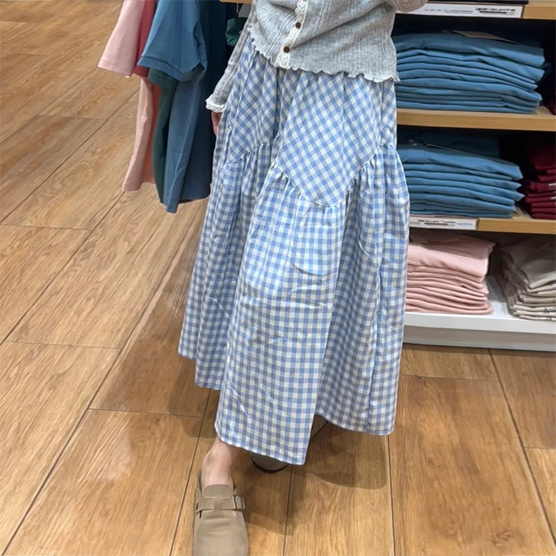 Retro blue checkered skirt for women in summer 2025. Petite, high-waisted, irregular mid-length, patchwork A-line skirt Specification image