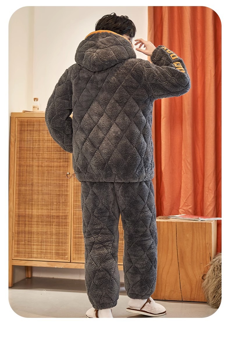 三层夹棉男士睡衣冬季加绒加厚连帽防风可外穿保暖家居服套装批发详情15