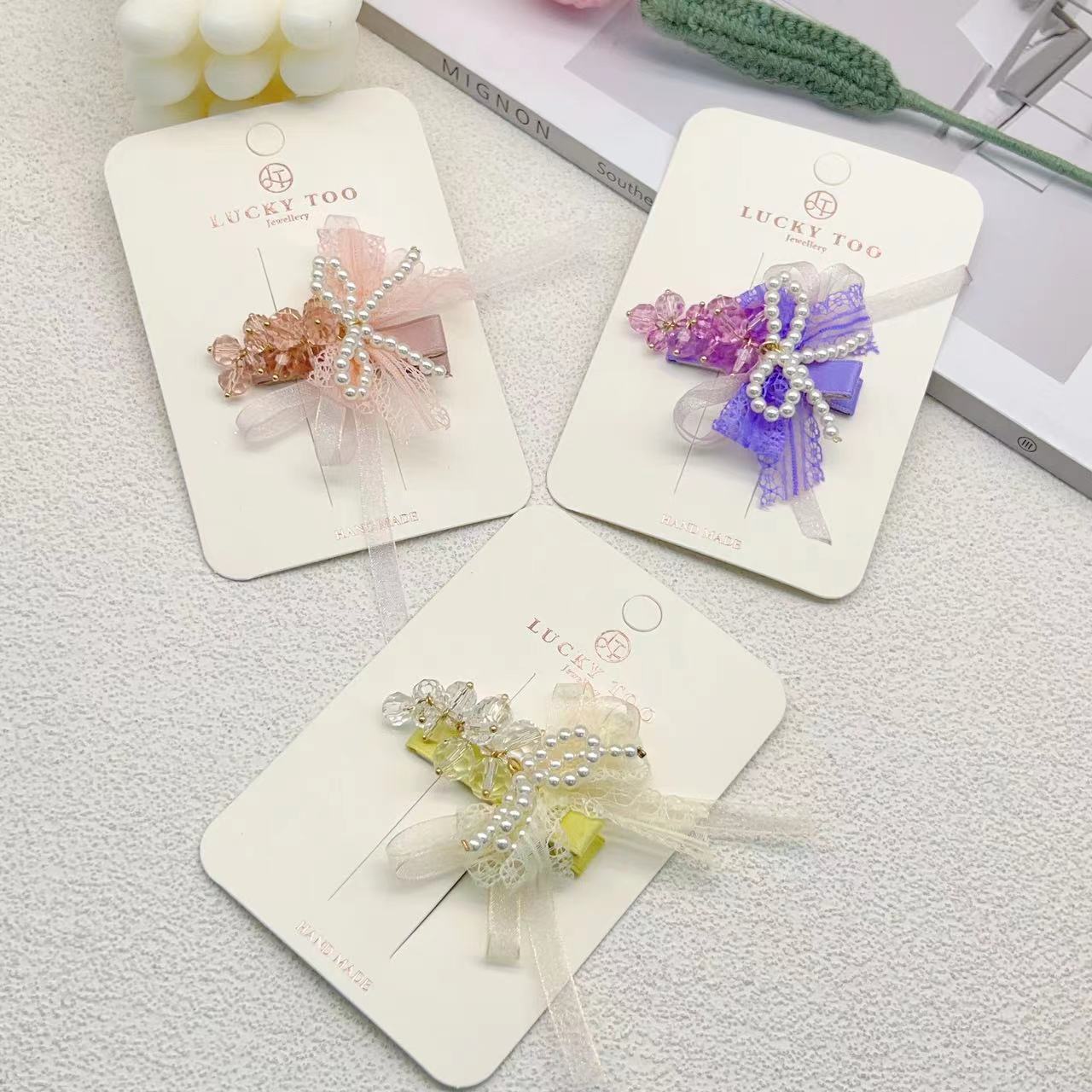 发夹LT10443韩版新款水晶葡萄珍珠蕾丝蝴蝶结发饰发夹