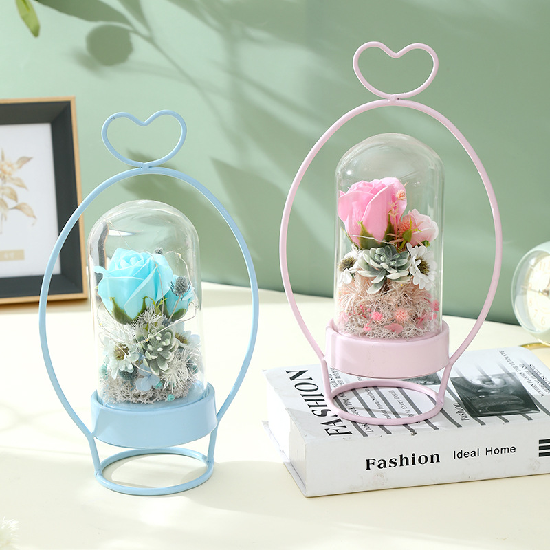 Creative Sun Flower glass cover gift ornaments LED flower basket shape soap flower Tanabata Valentine's holiday gift details Picture
