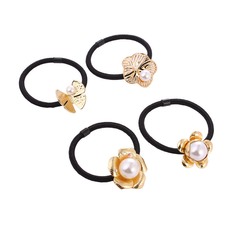 Moda japonesa y coreana resaltado perla metalizado sen atado flor cordón de cuero banda de cuero de alta elasticidad mariposa flor de ciruela mujer anillo de goma Item Picture