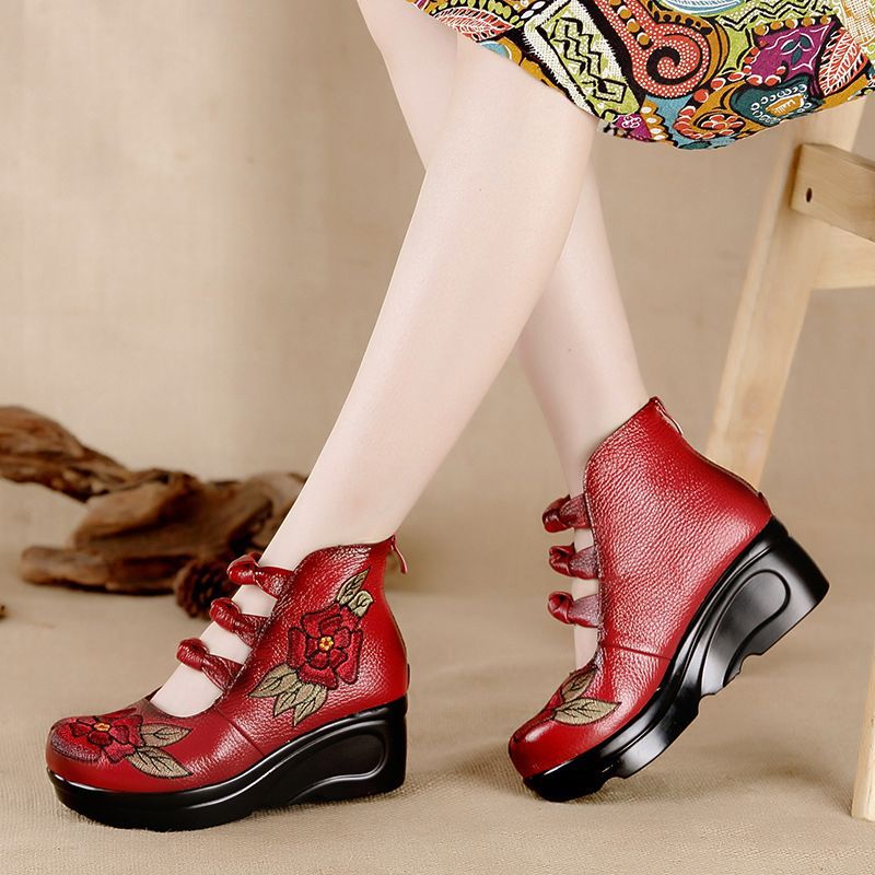 Vintage Ethnic Style Handmade Women's Shoes Embroidered Flowers Platform Slope Heel Shoes Middle-Aged Mother Shoes Leather Shoes details Picture