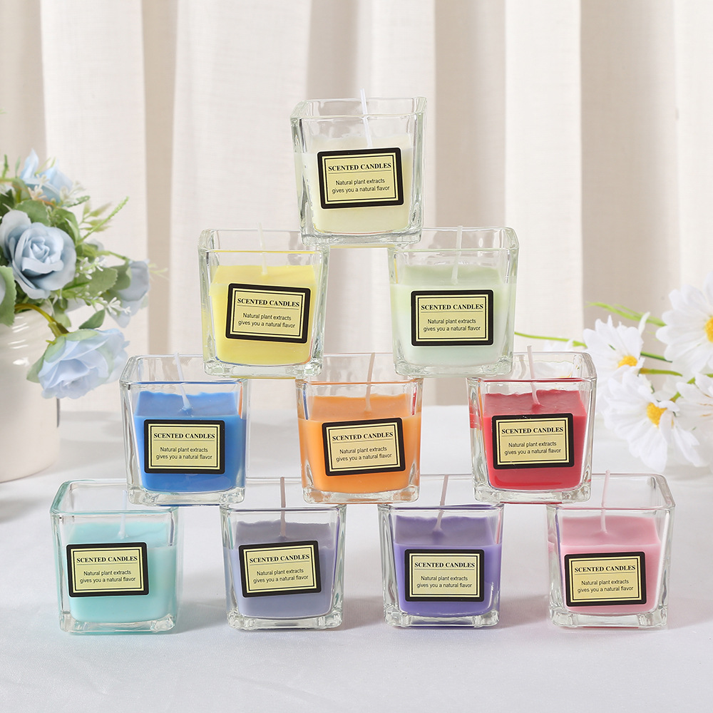 Household plant wax scented candles, candy-colored square glass cups, scented candles, romantic bedroom decoration candles Specification image