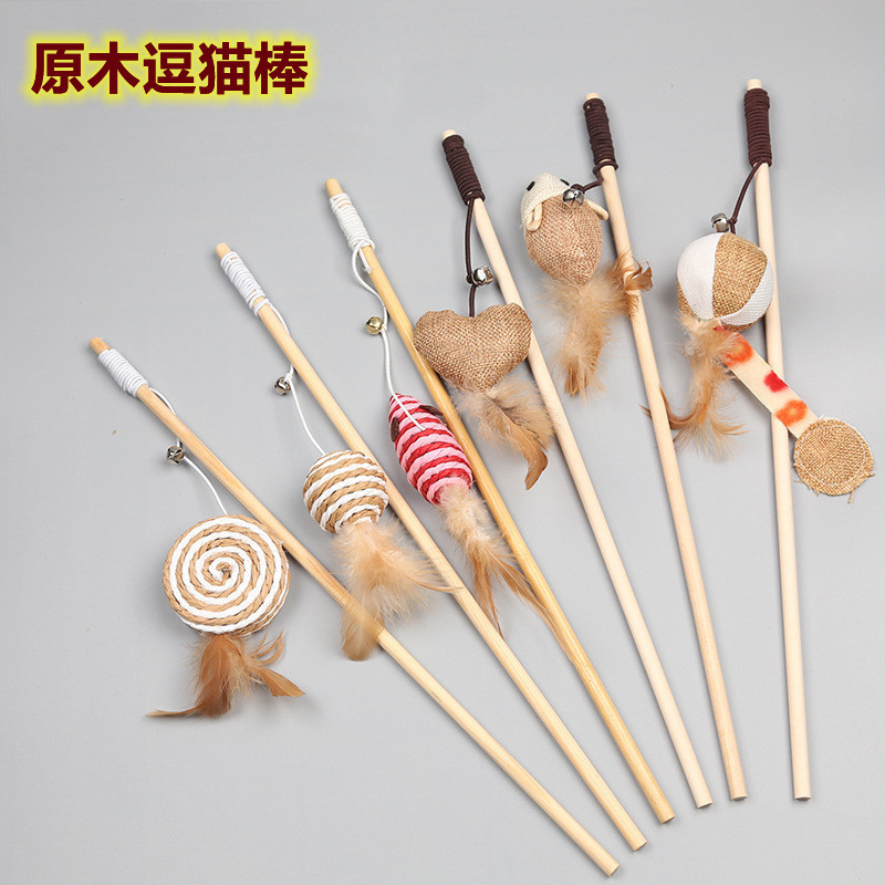 逗猫棒猫咪用品耐抓耐咬玩具剑麻羽毛铃铛逗猫杆批发木杆逗猫棒