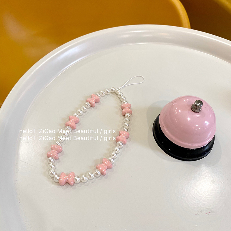 Pink Bow Cute Mobile Phone Chain Korean Fashion Pearl Beaded Bracelet Accessory Diy Mobile Phone Case Pendant details Picture