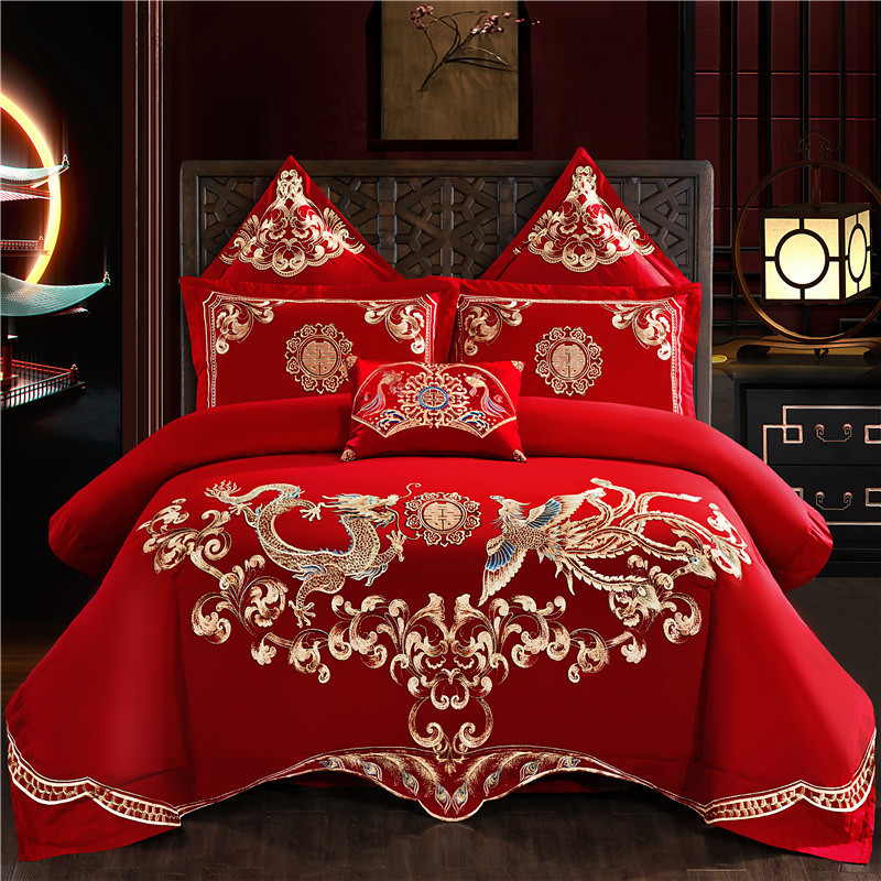 100支纯棉刺绣婚庆四件套大红色六件套结婚床上用品床单盖多件套