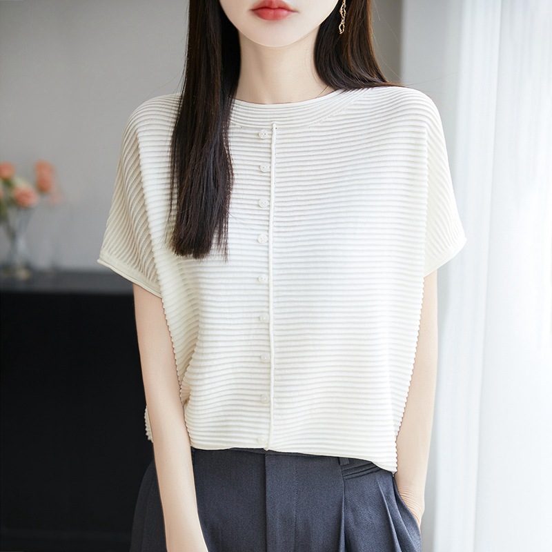 Summer new Tencel Lyocell knitted short-sleeved women's striped flying sleeve T-shirt top loose solid color short Specification image