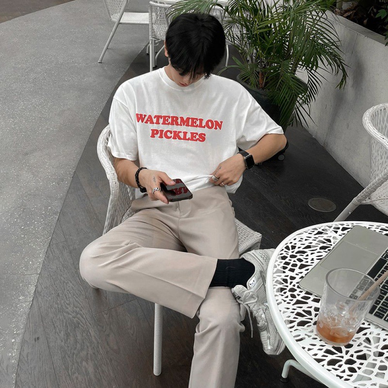 MYQ痞帅字母印花T恤男夏季纯棉圆领短袖韩版宽松简约五分袖情侣