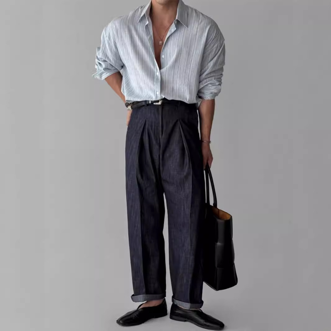 Linen striped long-sleeved shirt for men, spring and summer Korean-style light mature casual no-iron blue light sun protection shirt Specification image