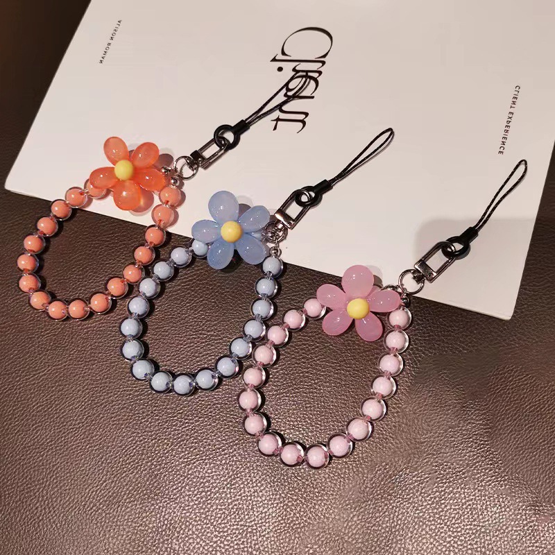 Macaron Color Beaded Medium Beaded Mobile Phone Lange Japanese And Korean Ins Style Handmade Beaded Flower Mobile Phone Chain Wrist Strap details Picture