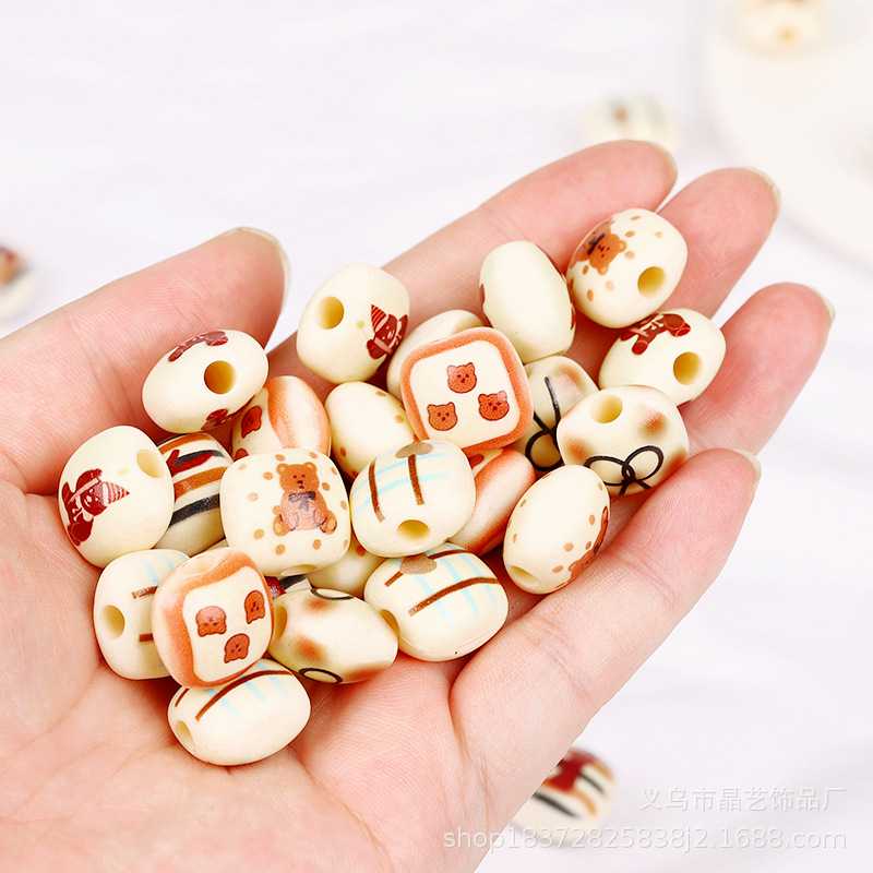 Beige bear bread beads, steamed bun beads, vertical hole beading, diy keychain bracelet, mobile phone chain, headband accessory Specification image