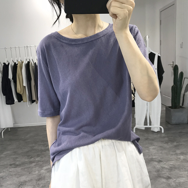 Retro cotton and linen T-shirt, linen short-sleeved white T-shirt, women's thin top, summer Korean-style round-neck loose and breathable base layer details Picture
