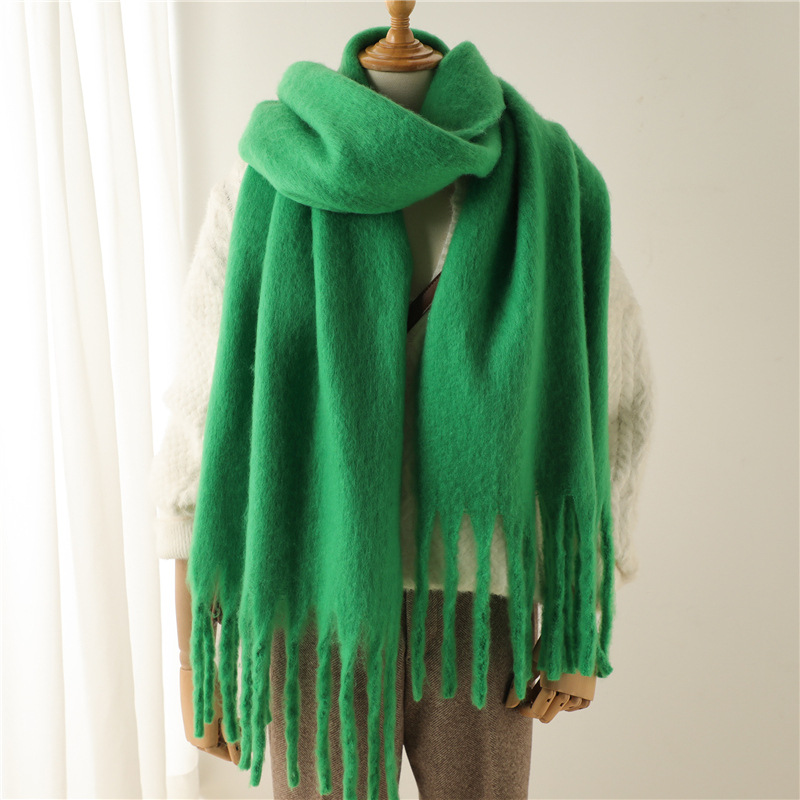 Solid color mohair scarf, versatile for winter warmth, long fringed scarf, men's and women's, thick beard scarf for export to Europe and America Application Scenario