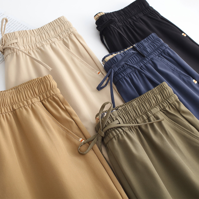 夏季小冰裤女速干冰丝裤格子腰头薄款运动休闲裤多色九分铅笔裤女