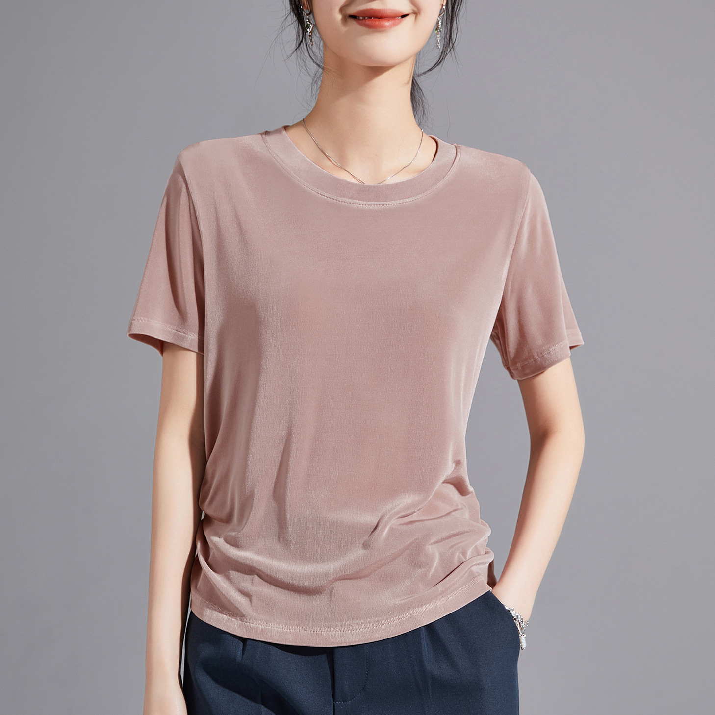 Imported Tencel triacetic acid short-sleeved T-shirt for women 2026 summer, featuring a round-neck design and off-the-shoulder top details Picture