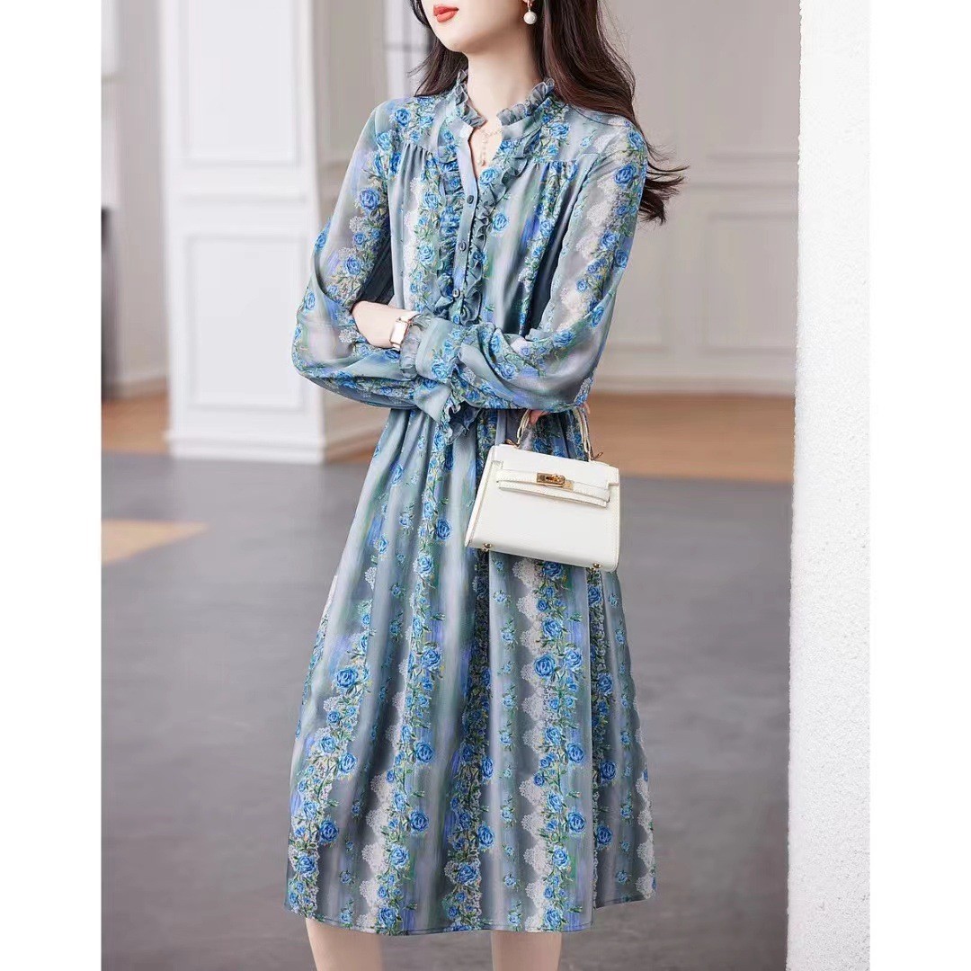 Flower Crepe Crepe Printed Skirt 2023 Spring And Summer New Stand Collar Waist Wooden Ear Edge Dress Women's Mid-Length Skirt Specification drawing