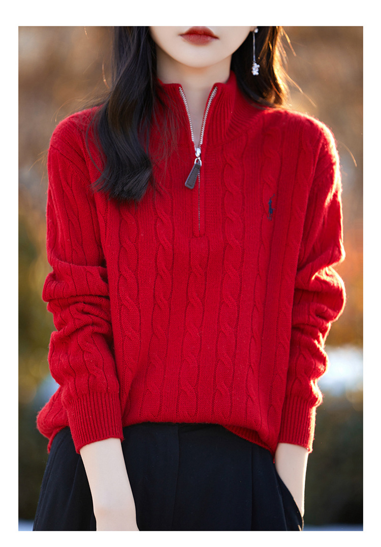 秋冬麻花针织衫女半开领拉链保罗慵懒宽松套头毛衣显瘦上衣打底衫详情19