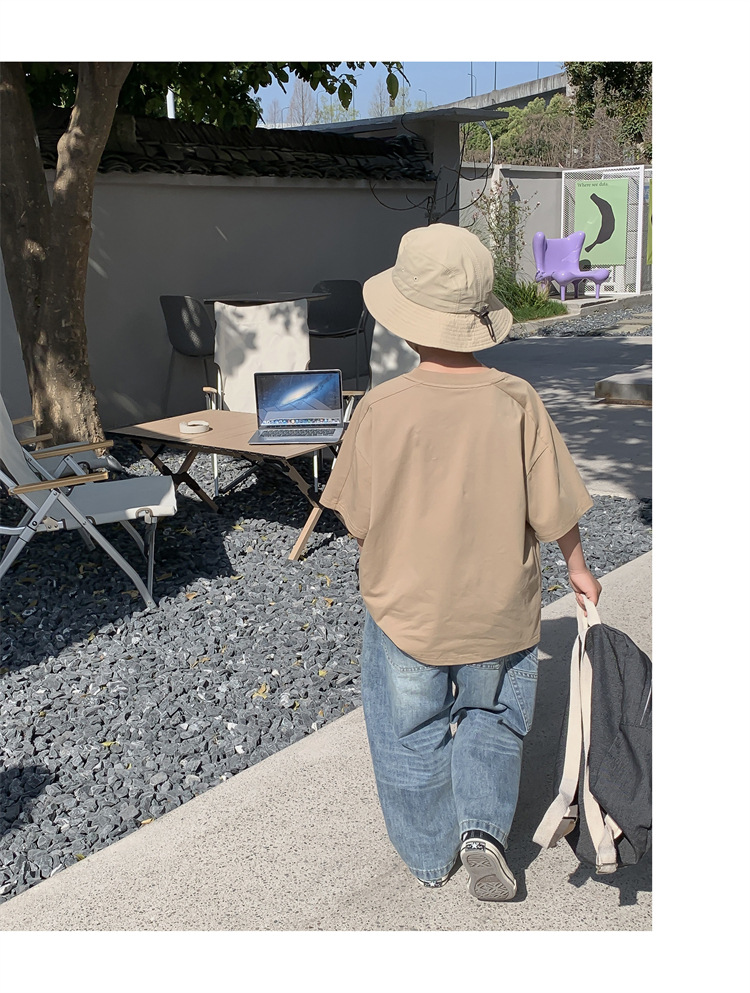 High-quality round-neck short-sleeved T-shirt for boys and kids in solid color, summer five-quarter sleeve loose pure cotton basic T-shirt, sporty trend pic 25