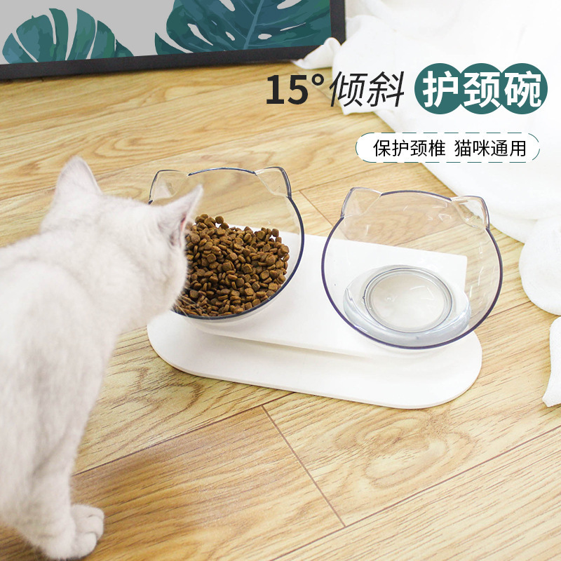 猫碗透明双碗猫粮碗水碗猫食盆猫碗架狗碗狗粮盆斜口护脊椎宠物碗