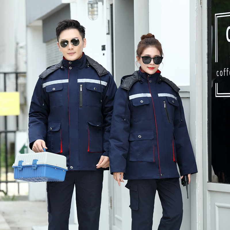 Winter navy blue labor protection cotton-padded jacket, detachable inner liner, winter outdoor cold-proof factory uniform, work clothes, cotton