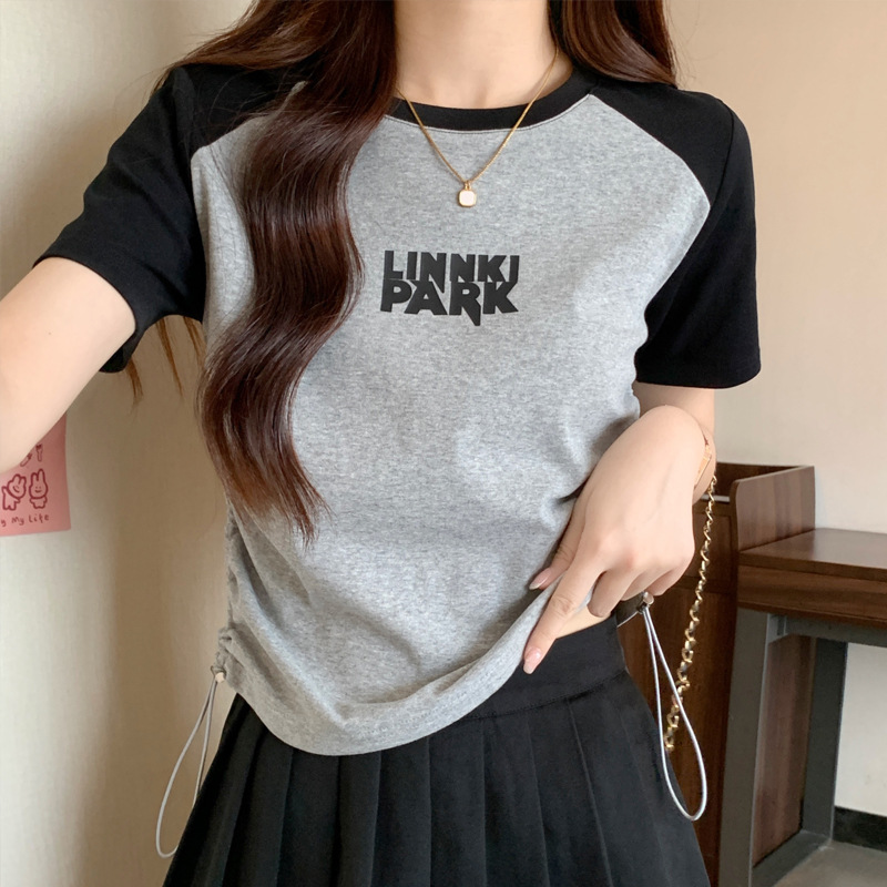 Thread Cotton Shoulder Color Short-Sleeved T-Shirt Women's Summer New Slim-Fit Women's Dress Design Sense Of Niche Top Specification drawing