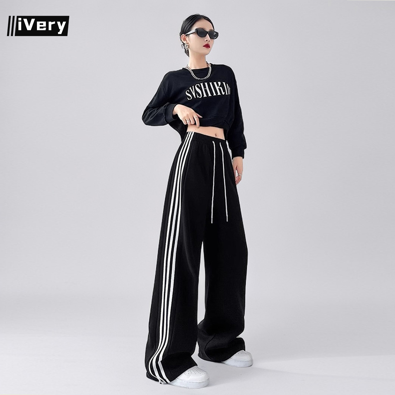 IVERY cross-border high-waisted striped two-wear sport pants for women can be used to widen legs or tighten the feet. Versatile straight-leg casual pants with a good drape details Picture