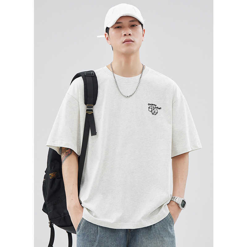 Men's 250g pure cotton embroidered short-sleeved T-shirt, Japanese style simple couple loose round-neck half-sleeved top for summer Specification image
