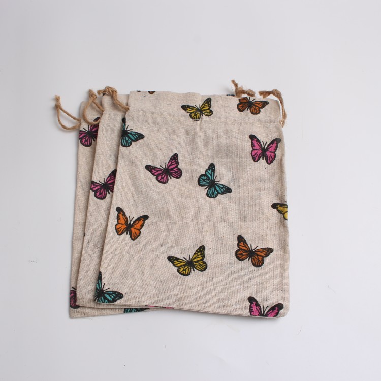 Butterfly-shaped printed cotton bag drawstring jewelry gift packaging bag in stock wholesale cotton drawstring bag