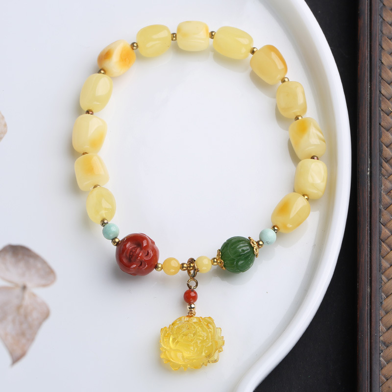 Natural beeswax figurine bracelet, hanging beeswax rose, Nan Hong Laughing Buddha, jade and turquoise retro jewelry for women