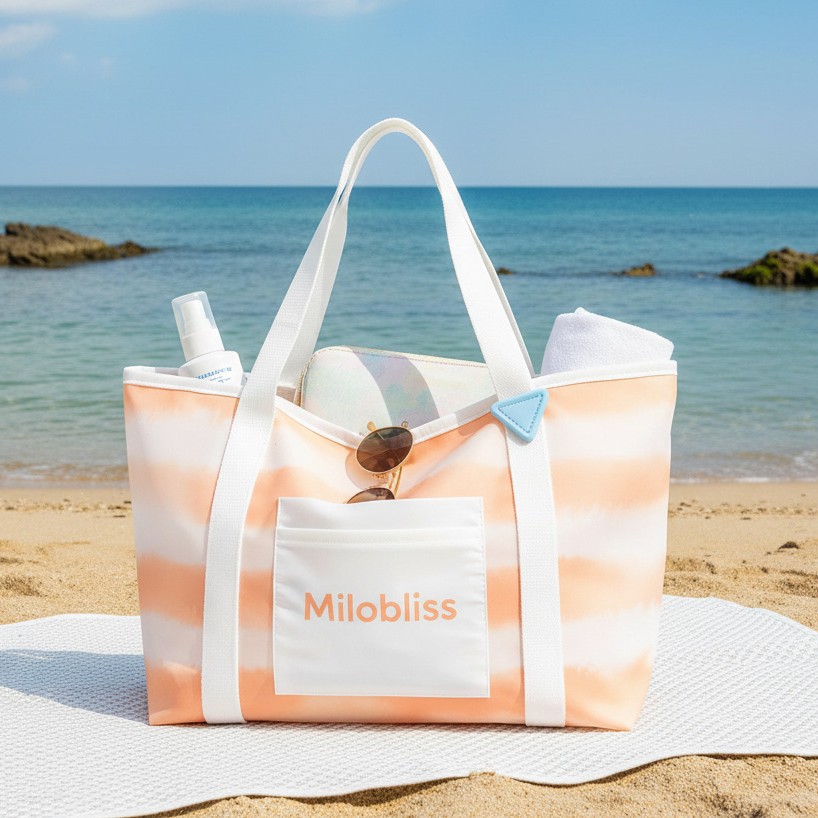 Customized Korean-style gradient striped Tote beach bag, seaside vacation hand-held swimming storage bag, surfing storage bag Specification image