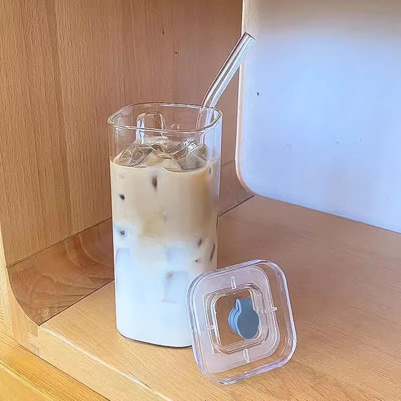 Women's Korean-style square ins glass water cup with high appearance level, transparent and simple flat-bottomed heating home coffee cup with lid