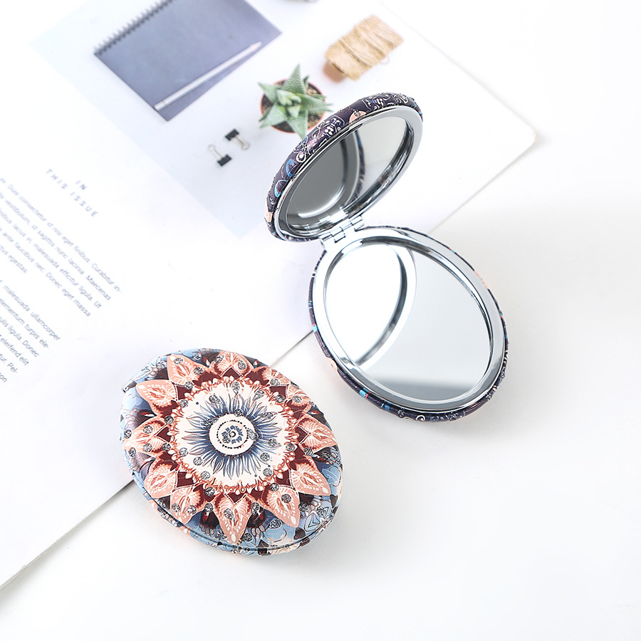 复古椎圆钻粉民族风双面折叠便携化妆镜厚款补妆镜日用百货详情12